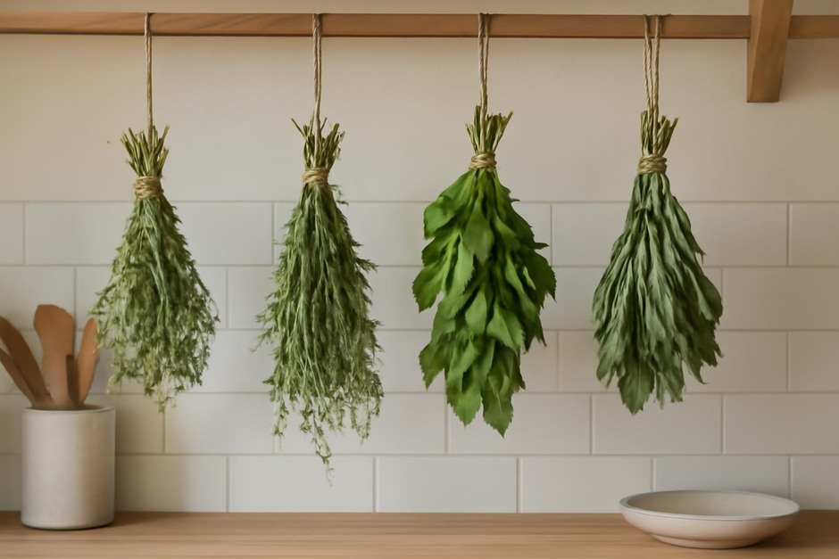 bundles of drying herbs hanging in a kitchen