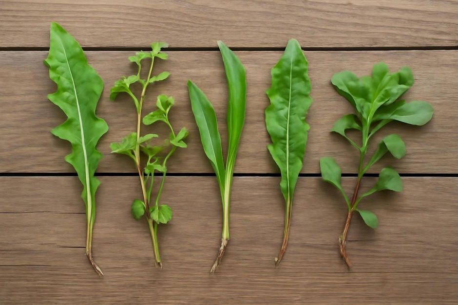 A small selection of common wild greens on a wooden surface, ready to be examined closely