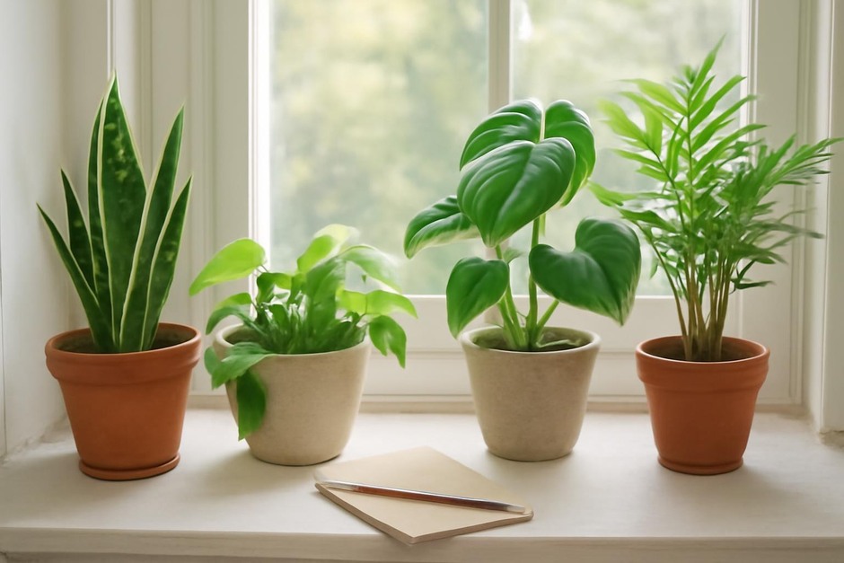Several indoor houseplants on a bright windowsill