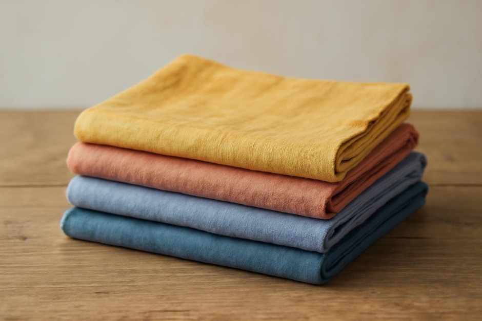 Stack of naturally dyed tea towels in yellow, pink and blue tones