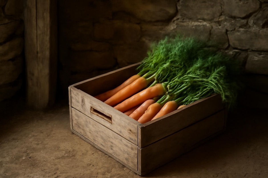 A wooden crate of carrots stored in a shaded cellar-like corner