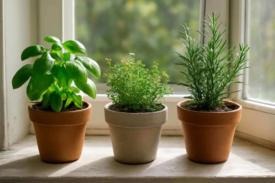 Three small pots of basil, thyme and rosemary on a sunny windowsill