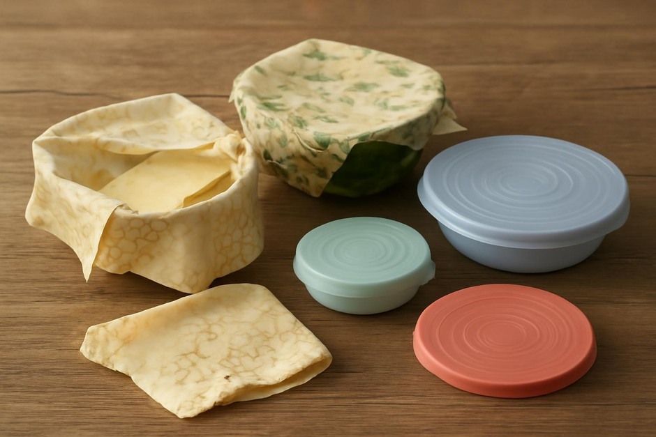 Beeswax wraps and silicone covers on a wooden table